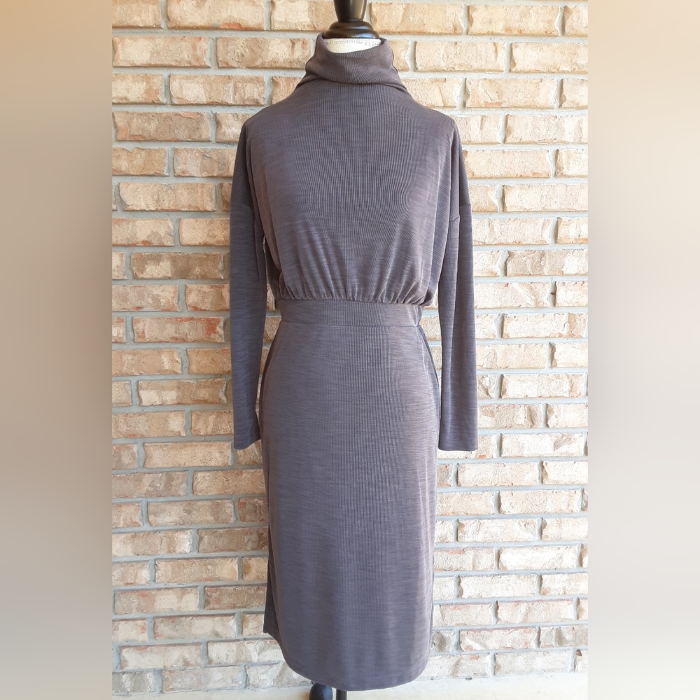 Rachel Zoe Gray Mock Neck Long Sleeve Midi Length Dress.  Size Small.